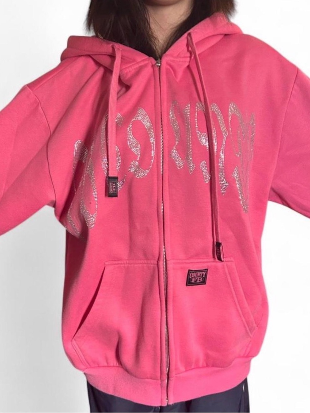 FB county Pink Zip-Up Hoodie with rhinestones